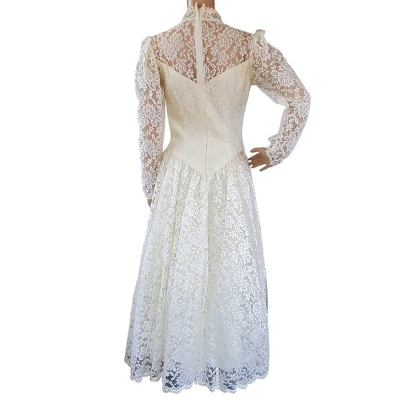 Vintage Victorian Wedding Dress XS Maxi Cream Lace Beads Tulle Lined Zip USA - Picture 3 of 15